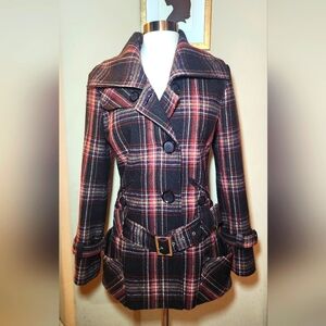 Moda Intl‎ Black Plaid Women's Belted Pea Coat Size: Medium